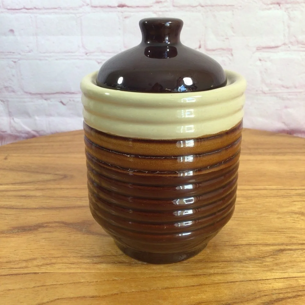 Vintage Three Tone Brown Ribbed Stoneware Covered Sugar Creamer Mug Set